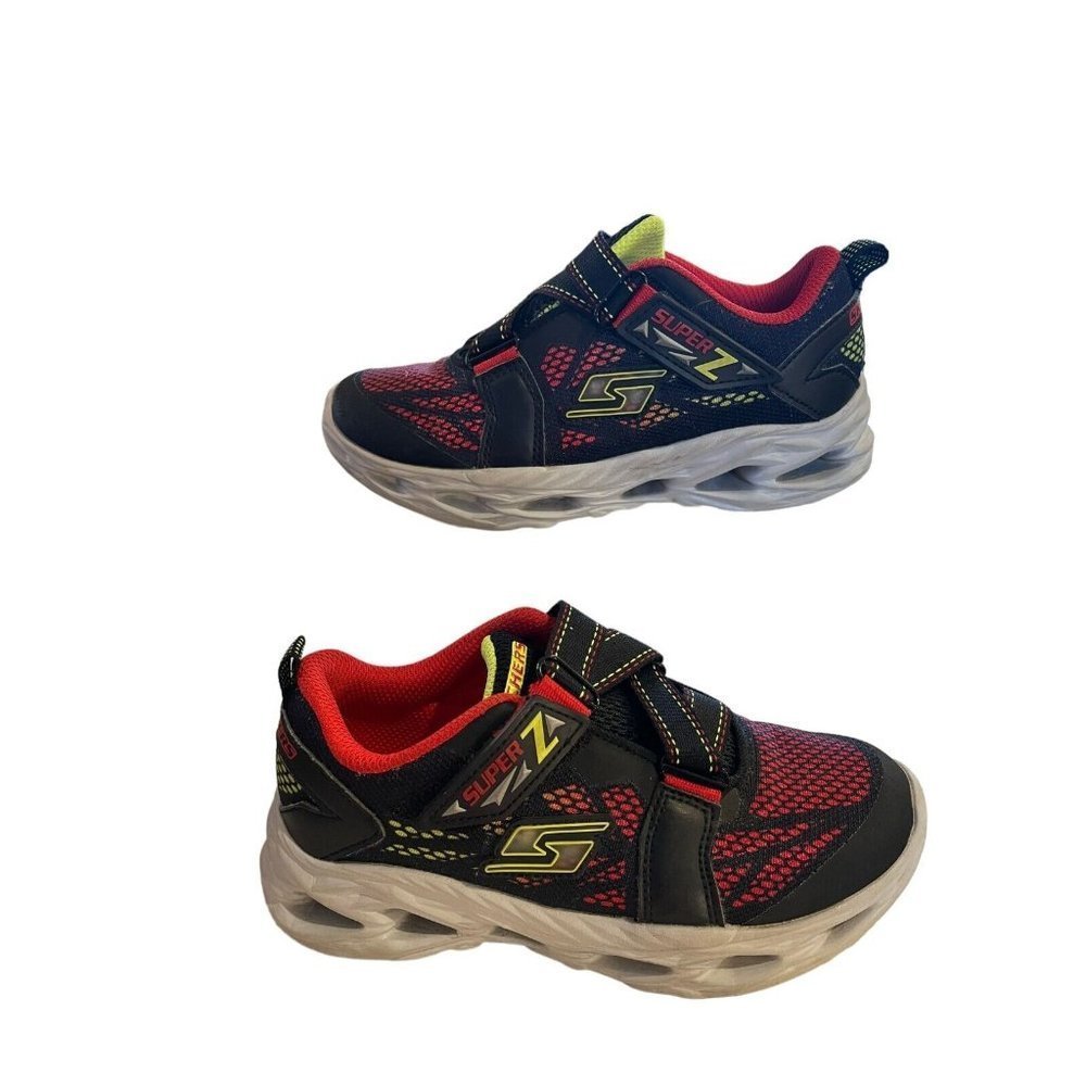 SKECHERS Super Z-Strap Boys Youth Sneaker Shoes Light Up Black Red Size 1
